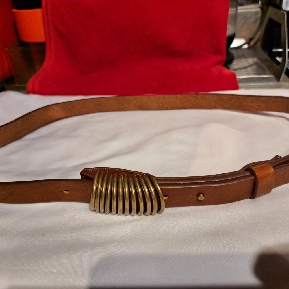 Massimo Dutti Brown Leather Belt with Gold Ribbed Loop